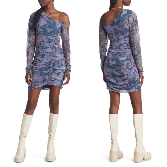 NWT FREE PEOPLE Chloe One-Shoulder Long Sleeve Bodycon Floral Mini Dress Blue L - Picture 1 of 7